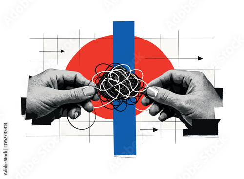 Close-up black-and-white hands gently untangling a complex knot of thread, large red semicircle halo behind the knot symbolizing breakthrough, abstract deep