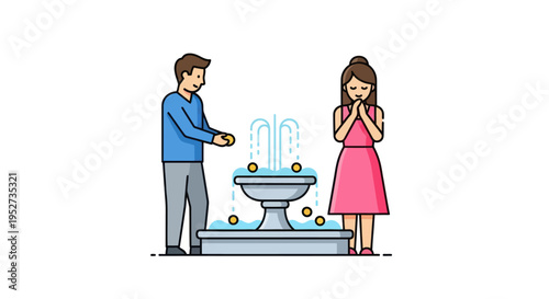 Man and woman making wishes at a water fountain throwing coins for luck and hope.