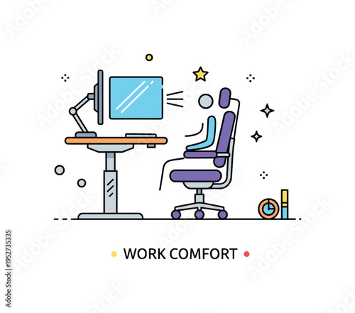 Office ergonomic setups featuring a height adjustable desk with monitor at eye level and a supportive chair aligned to maintain healthy posture. A subtle ?Work