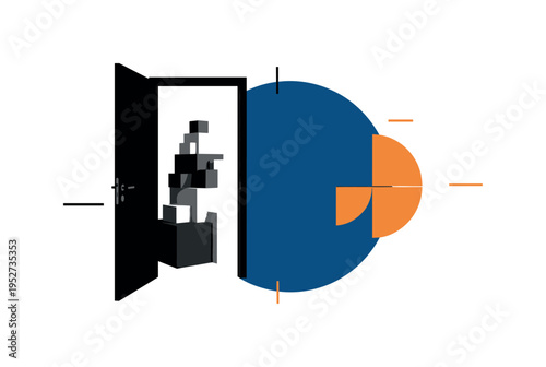 Black and white open doorway revealing stacked boxes inside, large deep blue circular disc behind intersected by warm orange semicircles symbolizing
