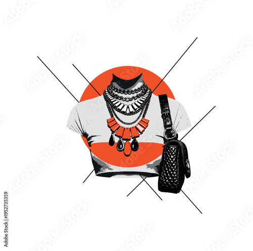 Black and white cropped torso wearing layered necklaces and statement accessories, combined with a bold orange circle and thin diagonal lines creating dynamic