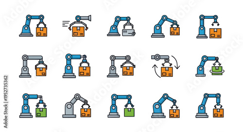 Industrial automation icon set featuring robotic arms lifting and moving packages and crates.