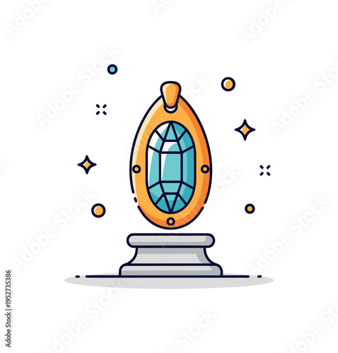 Ancient treasure artifact ornate gemstone amulet placed on a simple pedestal with subtle glow, symbolizing historical riches and legendary relics. Minimalist