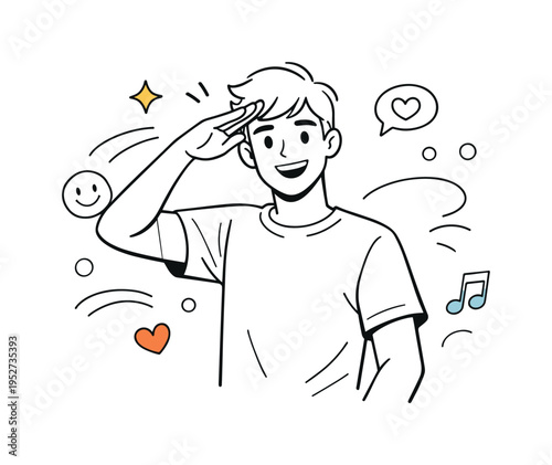 Friendly Salute. Casual character giving a light salute with a smile, relaxed and approachable gesture. Playful energy with curved lines and small icons