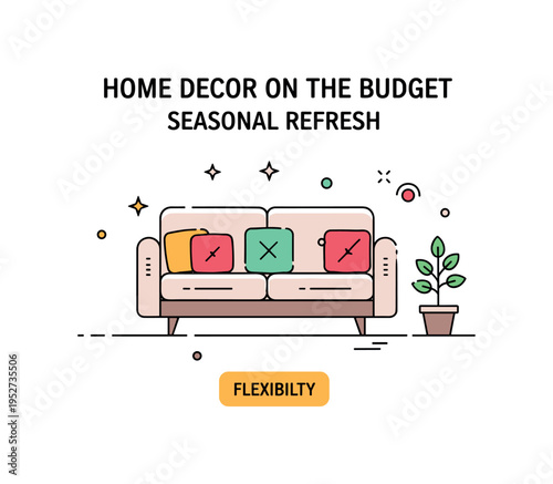 Home decor on a budget seasonal refresh idea represented by a simple couch with interchangeable cushions and a small plant, expressing easy decorative updates