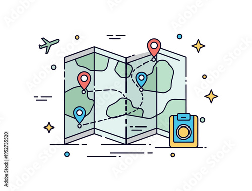 Travel planning concept featuring a folded map with a bold route line and small location pins, expressing anticipation and organized adventure. The compact