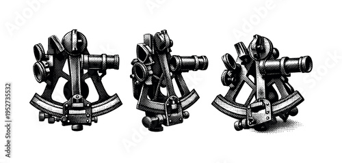 Antique sextant navigation scientific instrument showing a traditional brass sextant with arc frame, mirrors, and adjustment screws presented in three views: