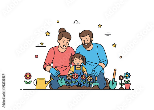 Family gardening parents and child planting colorful flowers together in a small backyard bed, watering can and shovel placed neatly nearby. A warm editorial