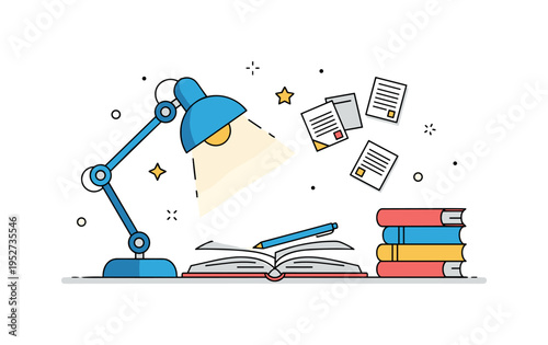 Late night study session featuring a desk lamp illuminating open textbooks and scattered flashcards, conveying dedication and persistence in exam revision. The