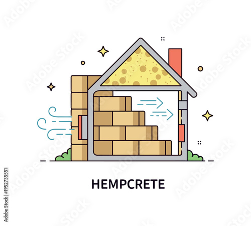 Hempcrete insulation wall cutaway showing lightweight hemp blocks and subtle airflow arrows, conveying breathable materials and energy efficient home design.
