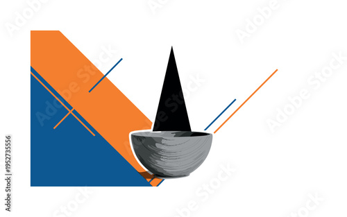 Minimalist editorial collage of a single wooden bowl centered with dramatic shadow in monochrome, white cut-out effect, overlapping orange and blue geometric