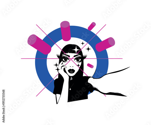 Black and white selfie pose silhouette with exaggerated lashes and sparkles, bold electric blue circle framing the head, magenta abstract cylinders floating