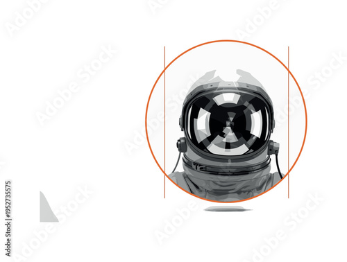 Monochrome frontal portrait of a cosmonaut with reflective visor showing abstract geometric reflections, surrounded by orange circular frame and thin vertical
