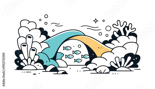 Underwater coral canyon. Stylized coral formations forming a small canyon where tiny fish swim through curved coral arches. Calm water flow suggested with