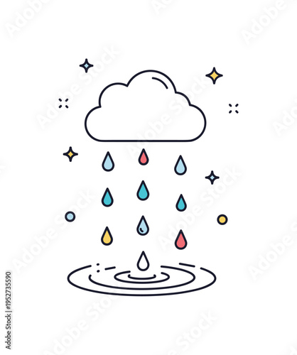 Soft drizzle concept represented by fine evenly spaced raindrops falling from a light cloud, expressing calm and steady rhythm. Subtle ripple circles and tiny