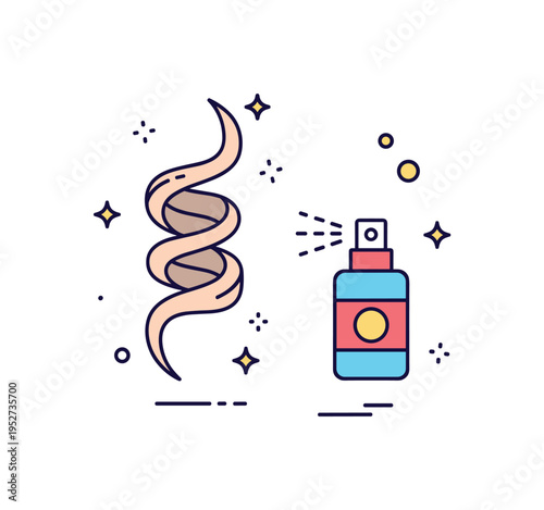 Hair finishing technique concept featuring a curled strand paired with a small spray bottle icon, symbolizing setting, hold, and long lasting style results.