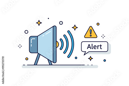 Emergency radio announcement scene highlighting a radio speaker with amplified sound lines and alert symbol. A small triangular warning icon and ?Alert?