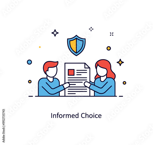 Shared decision making in medicine theme centered on two simplified figures reviewing a medical document together with a small shield icon above, expressing