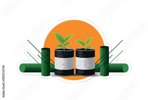 Black and white tin cans turned into plant pots with small leaves growing, bright orange circle halo behind, dark green cylindrical shapes and thin diagonal
