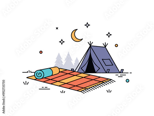 Camping blanket setup blanket laid near a small tent silhouette with subtle moon accent above, expressing warmth and coziness in outdoor night setting.