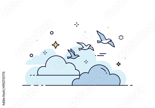 Birds soaring above soft cloud shapes in a bright sky, expressing tranquility and wide open space. The small composition highlights airy movement and peaceful