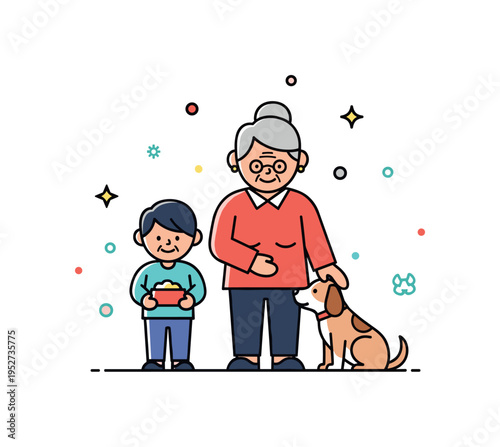 Grandchildren helping with home chores caring for pets idea centered on a child holding a small food bowl while a grandparent gently pets a dog nearby. A