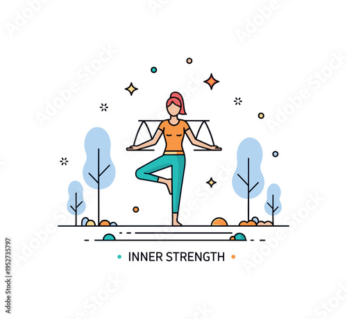 Forest balance pose illustration showing a figure standing steadily on one leg with subtle tree silhouettes framing the scene. Small star accents and a ?Inner