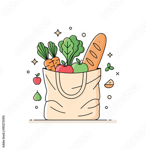 Clean eating lifestyle featuring a reusable grocery bag filled with leafy greens, carrots, apples, and a loaf of whole grain bread, symbolizing smart shopping