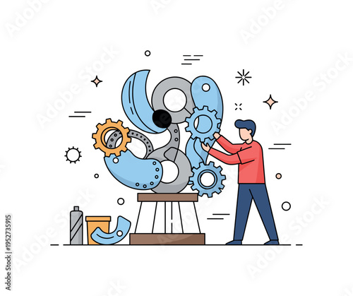 Sculpture making from recycled metal scrap centered on a stylized figure assembling gears and metal pieces into an abstract form, expressing creativity,