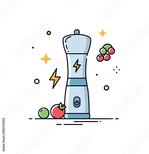 Electric pepper grinder sleek battery powered grinder with small lightning bolt accent and minimal peppercorn icons nearby. A modern editorial badge about