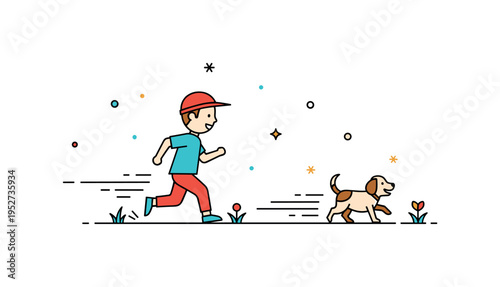 Backyard adventure child running lightly across a simple garden lawn as a happy puppy follows with curved motion lines. A warm visual metaphor for energy,