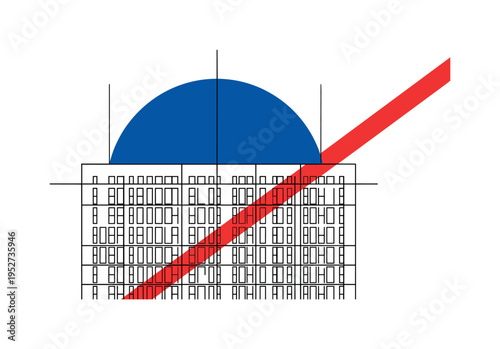 Black and white grid of building windows forming repetitive linear pattern, bold cobalt blue semicircle backdrop behind upper section, warm red diagonal stripe
