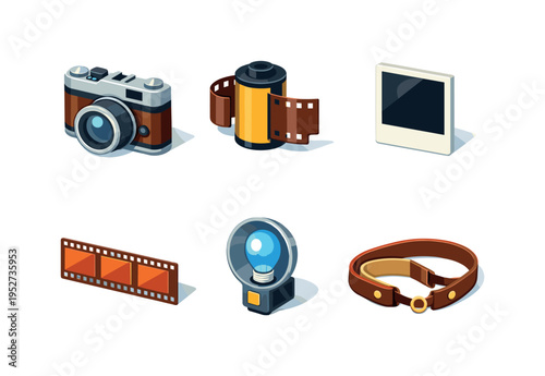 Vintage photography. Isometric flat vector icons set of vintage photography: retro film camera, roll of film canister, instant photo frame, photo negatives