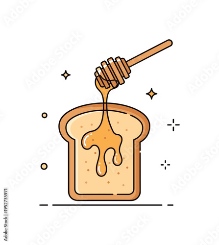 Crispy Toast honey drizzle concept illustrated by a golden slice topped with a small honey dipper pouring a thin stream over it. A sweet and appetizing
