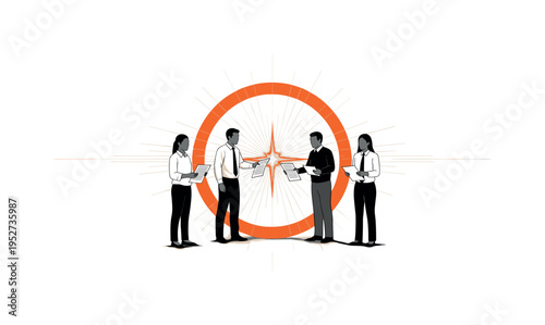 Monochrome composition of diverse team members exchanging documents, integrated with an orange circular frame and fine grid structure suggesting coordination