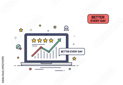 Online rating optimization concept featuring a laptop screen displaying a five star review with an upward trending line graph. A subtle ?Better Every Day?