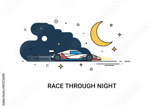 Endurance racing night stage challenge illustrated by a race car under a crescent moon with minimal headlight beams cutting through darkness, conveying
