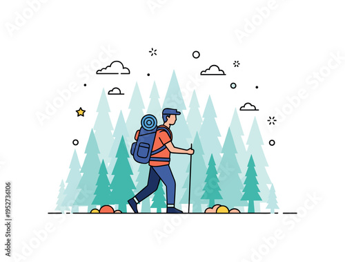 Solo backpacking trip illustration capturing a determined hiker moving through a dense forest backdrop with rhythmic tree spacing and a stable walking stick