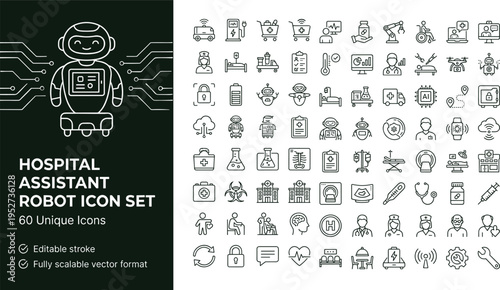 Hospital assistant robot line icon set with healthcare automation medical service robotics and smart hospital technology symbols