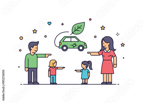 Eco friendly car choice family pointing toward a small electric car icon with a leaf symbol, expressing values driven purchasing and environmental awareness.