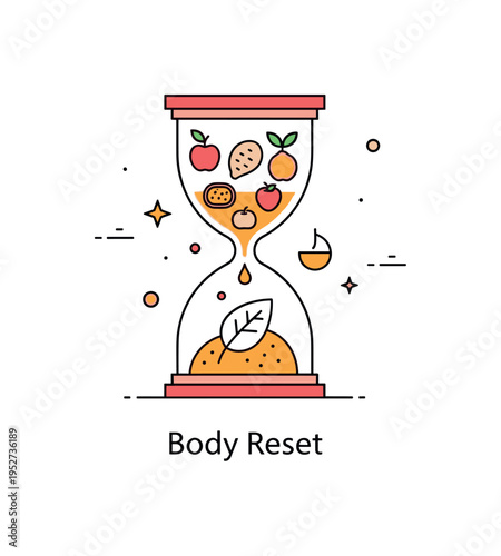 Intermittent fasting metabolic reset idea featuring a clean hourglass where the upper half contains minimal food icons and the lower half shows a