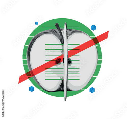 Black and white apple enlarged and sliced symmetrically, large flat green circle intersected by thin horizontal lines like nutritional chart, bright red