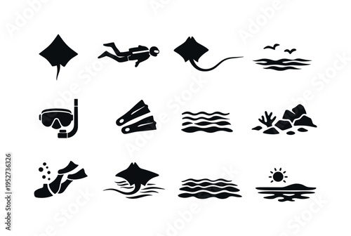 Stingray Swimming. Solid icon set of Stingray Swimming: stingray silhouette, swimmer nearby, long tail ray, sandy seabed, shallow water, snorkel gear, fins