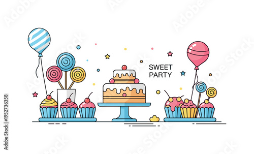 Kids party dessert table featuring bright cupcakes, lollipops and a cheerful cake centerpiece. A small ?Sweet Party? text detail and subtle confetti dots