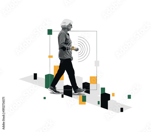 Black and white side profile of a cosmonaut with visible suit tubing and details, intersected by bold orange abstract blocks and thin diagonal lines, sharp