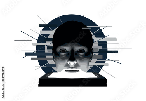 monochrome close-up of a face illuminated by fridge light from below, strong shadows, bold deep navy circular frame behind head, abstract flat blocks and thin