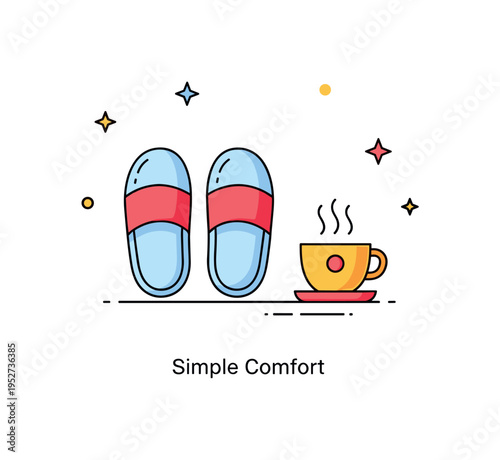 Putting on slippers self care moment shown as soft slippers next to a small steaming cup icon, expressing mindful pause and personal wellbeing. A subtle