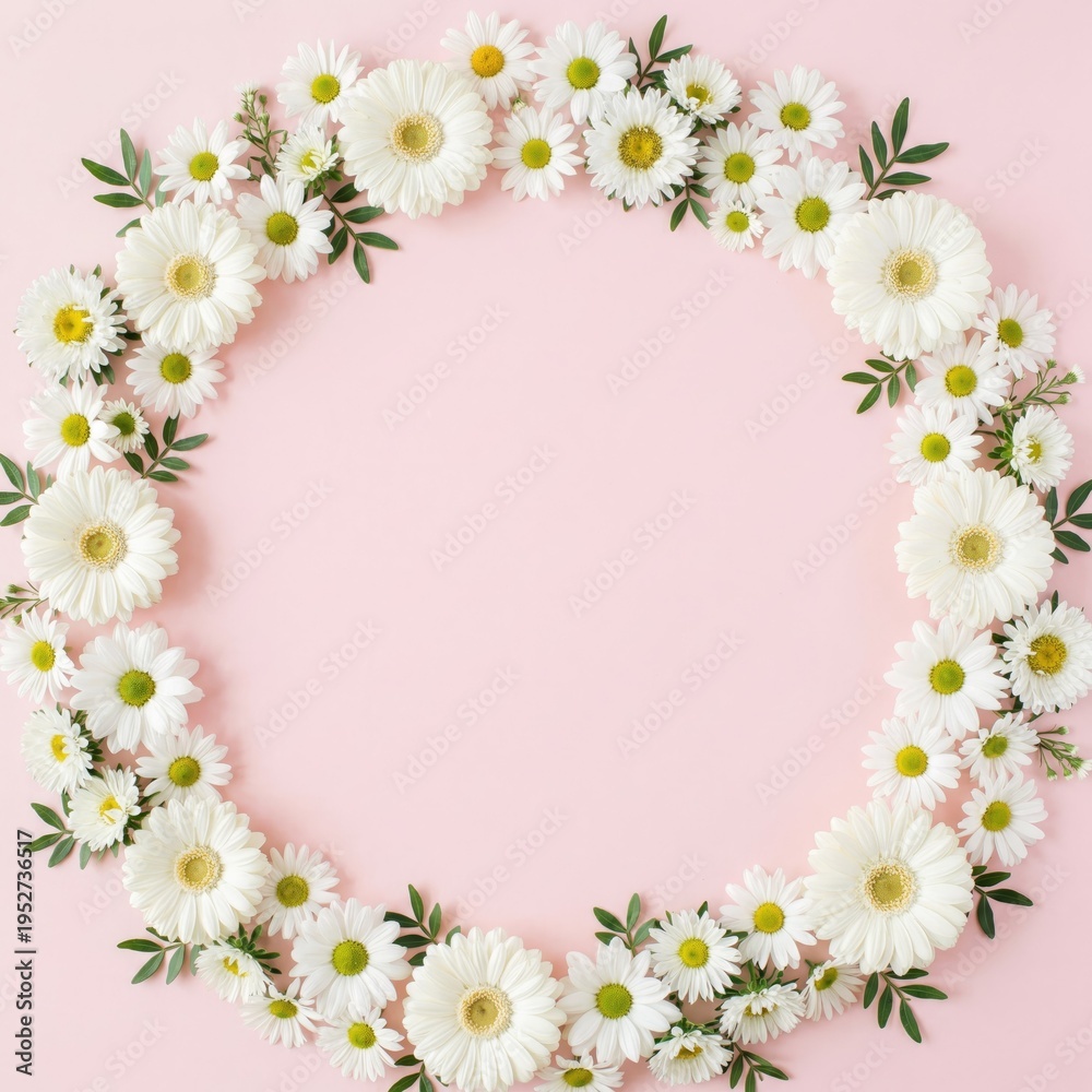Obraz premium A beautiful circular wreath frame arrangement of fresh white gerbera daisies and small daisies with green leaves against a soft pink background