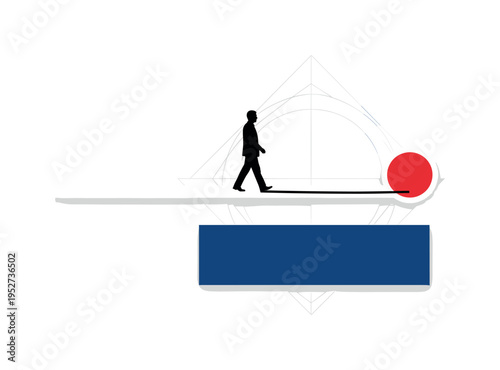 Black and white silhouette walking forward into heavy wind while raising a flag of victory, abstract cylindrical rain streaks and bold concentric circles