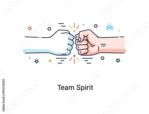 Symbolic gesture fist bump with small motion lines and tiny star accents around the contact point, expressing teamwork, solidarity, and energetic support. The